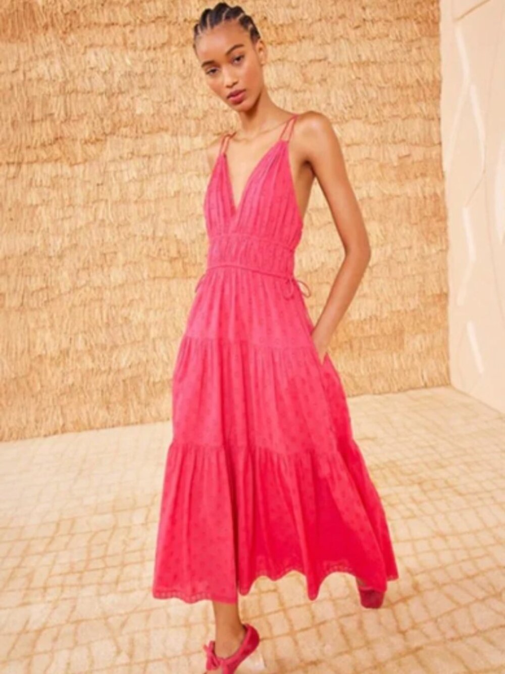 Ulla Johnson Freya Hot Pink Eyelet Tiered Maxi Dress with Spaghetti Straps Sz 6
